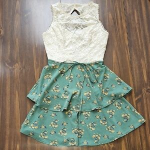 Teeze Me White Lace and Green Floral Dress